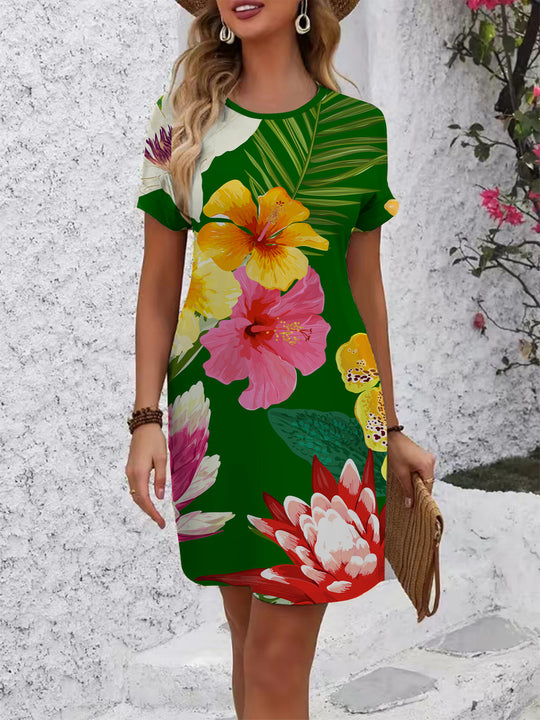 Damen lässiges T-Shirt Kleid mit buntem Blumenmuster und bequemem Schnitt EB