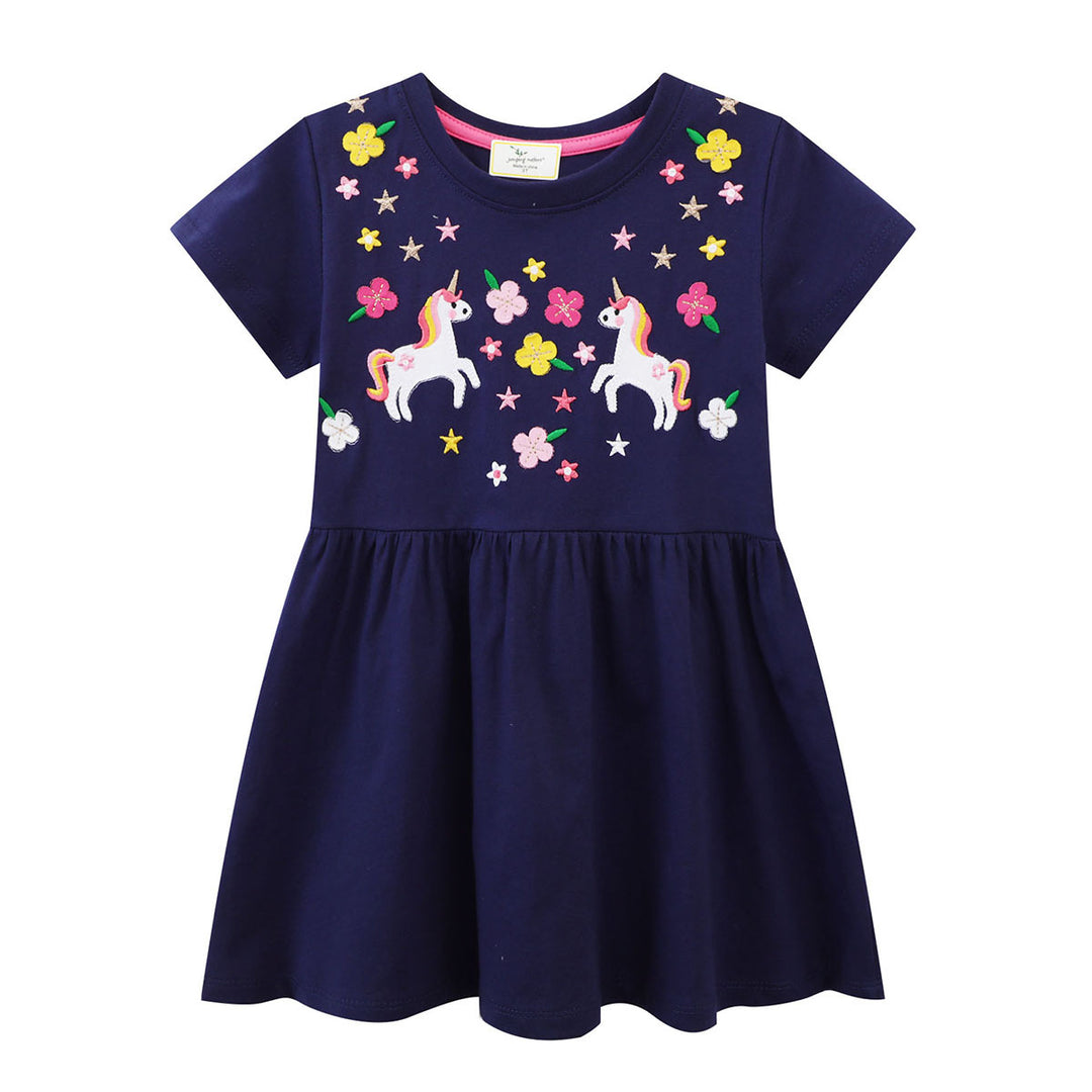 Mädchen Baumwollkleid mit zauberhaften Einhorn- und Blumendesigns EB