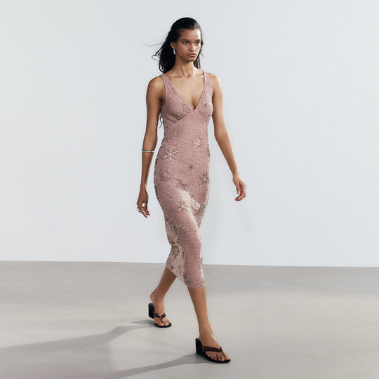 Damen Elegantes Glitzer-Maxikleid mit V-Ausschnitt und floralen Applikationen EB