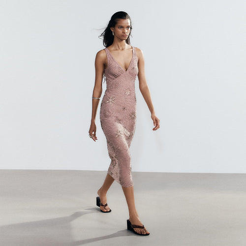 Damen Elegantes Glitzer-Maxikleid mit V-Ausschnitt und floralen Applikationen EB