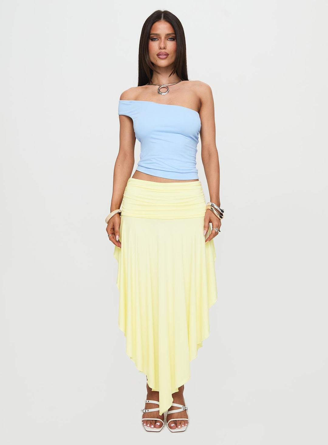 Damen asymmetrischer Maxi-Rock mit fließendem Stoff und elegantem Bund EB