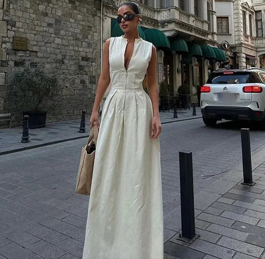Damen Elegantes Maxi-Kleid mit tiefem V-Ausschnitt und schmalem Schnitt EB