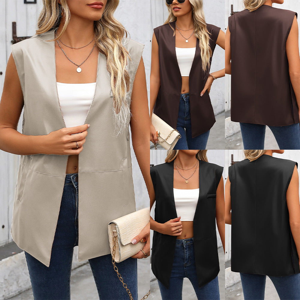 Damen Modischer Long-Style Weste aus Kunstleder EB