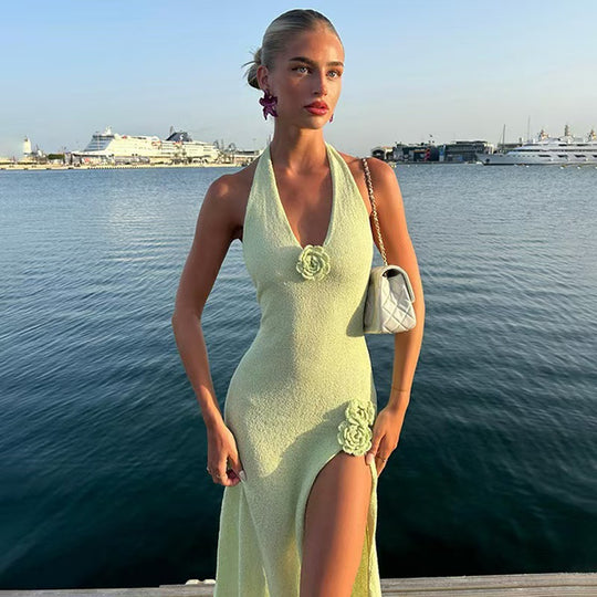 Damen Maxikleid mit Blumenapplikationen und tiefem V-Ausschnitt EB