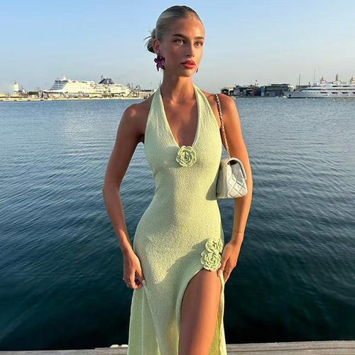 Damen Maxikleid mit Blumenapplikationen und tiefem V-Ausschnitt EB