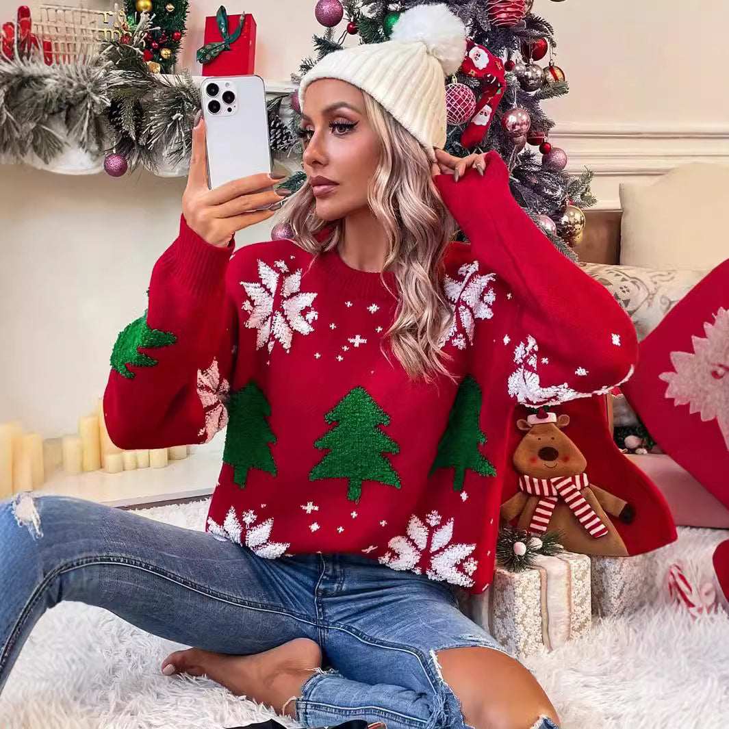 Damen Strickpullover mit festlichem Weihnachtsmotiv und aufgearbeitetem Design EB