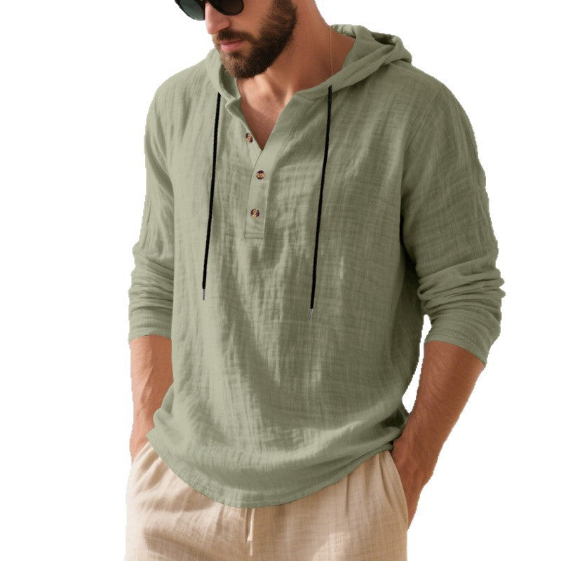Herren nan lässiges Kapuzen-Henleyshirt in Leinenoptik mit durchgehender Knopfleiste und relaxed Fit EB