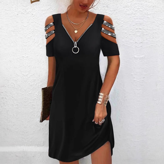 Damen Trendiges Kleid mit schulterfreien Ärmeln und Reißverschlussdetails EB