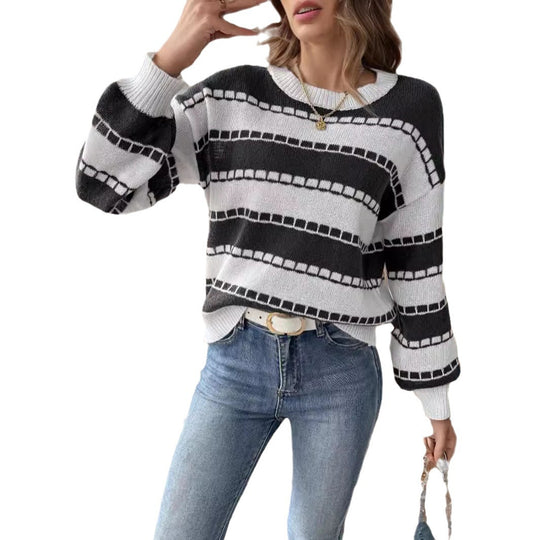 Damen lässiger, gestreifter Pullover mit einem komfortablen Schnitt und dekorativen Details EB