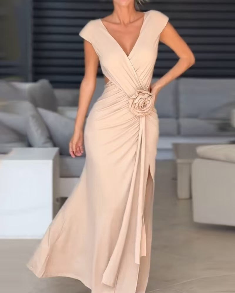 Damen Maxikleid mit raffiniertem Wickel-Design und floralem Akzent EB