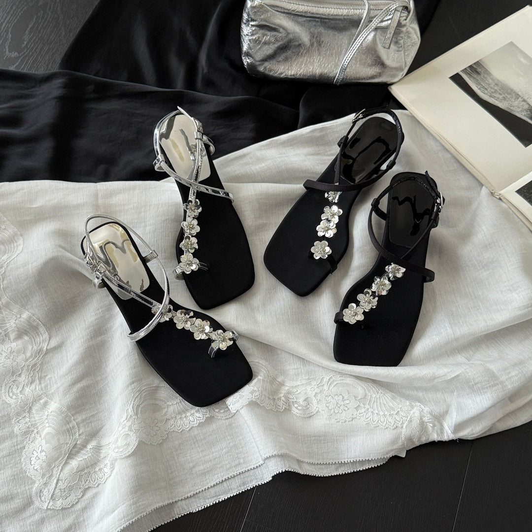 Damen Elegante Keil-Sandalen mit dekorativen Blütenapplikationen EB