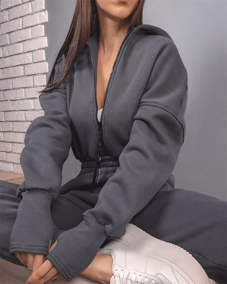 Damen Taillierter Kapuzen-Sweat-Jumpsuit mit Reißverschluss und elastischem Taillenbund EB