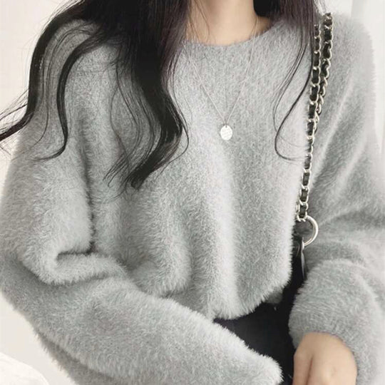 Damen Flauschiger Pullover mit weitem Schnitt und modischem Design EB