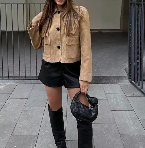 Damen Wildlederimitat Jacke mit Knopfleiste und Taschen EB
