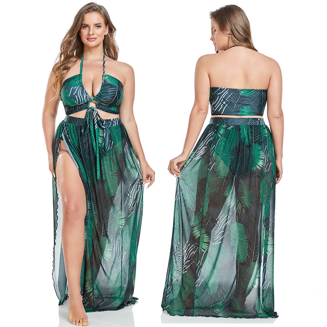 Damen Badeanzug mit elegantem Wickelrock und sommerlichem Palmendruck EB
