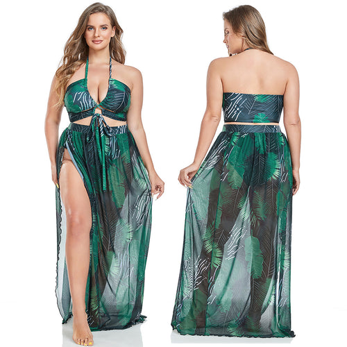 Damen Badeanzug mit elegantem Wickelrock und sommerlichem Palmendruck EB