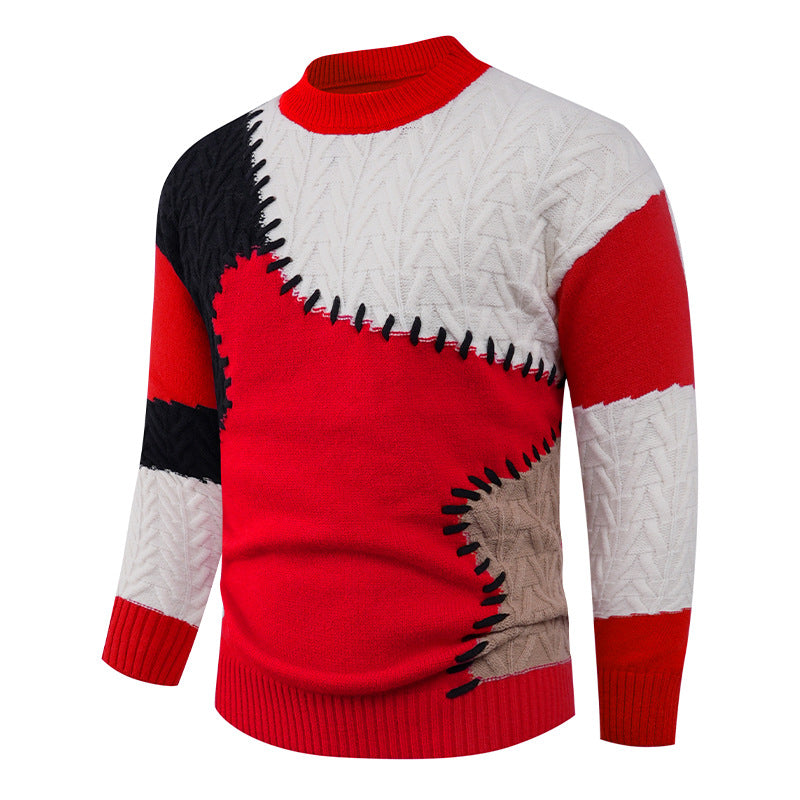 Herren Modischer Strickpullover mit kreativem Patchwork-Design EB