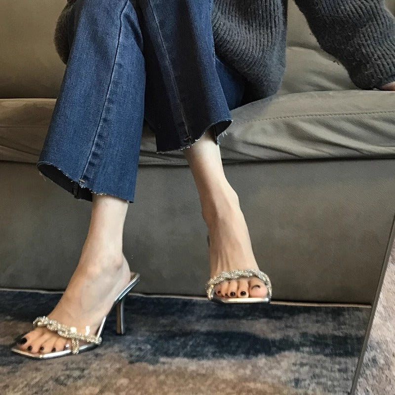 Damen glamouröse High Heel Mules mit funkelnden Strassverzierungen EB