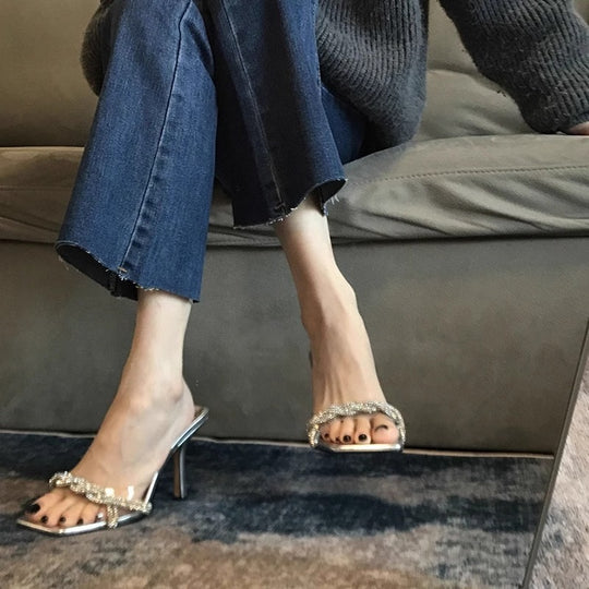 Damen glamouröse High Heel Mules mit funkelnden Strassverzierungen EB