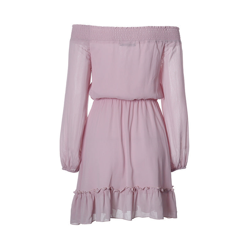 Damen Off-Shoulder Kleid mit Rüschendetails und elastischem Taillenzug EB