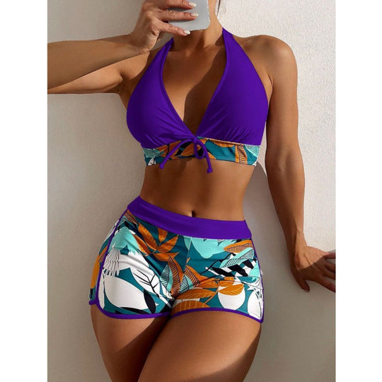 Damen Hochgeschlossen Bikini mit verspieltem Blumenmuster EB