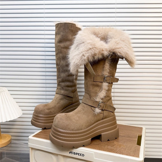 Damen Fleecegefütterte Winterstiefel mit modischen Schnallen und platform Sohle EB