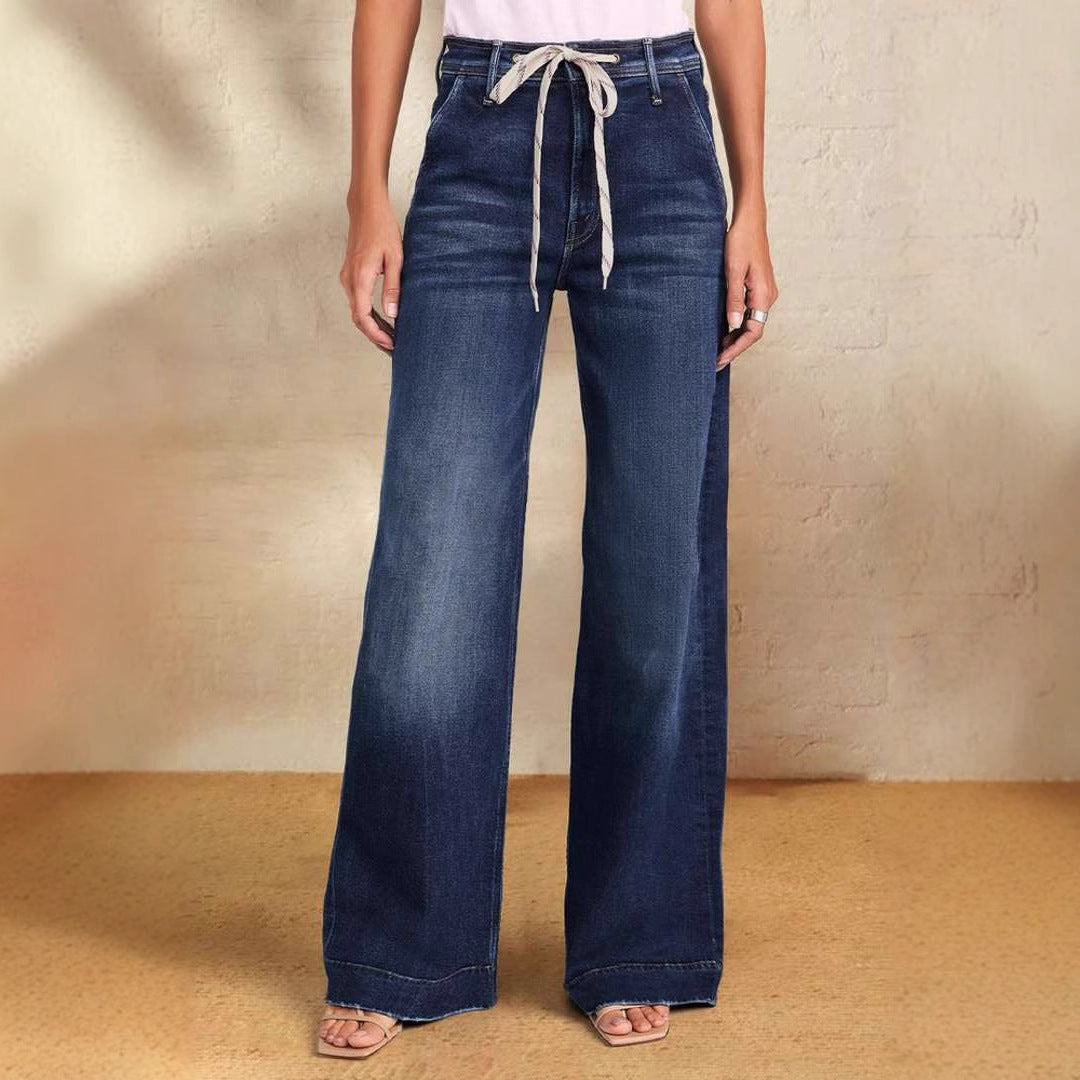 Damen Weite Denim-Hose mit hohem Bund und regulierbarem Kordelzug EB