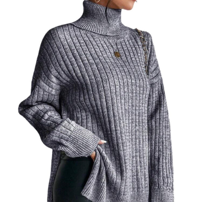 Damen Modischer Rippstrickpullover mit hohem Kragen und lässigem Schnitt EB