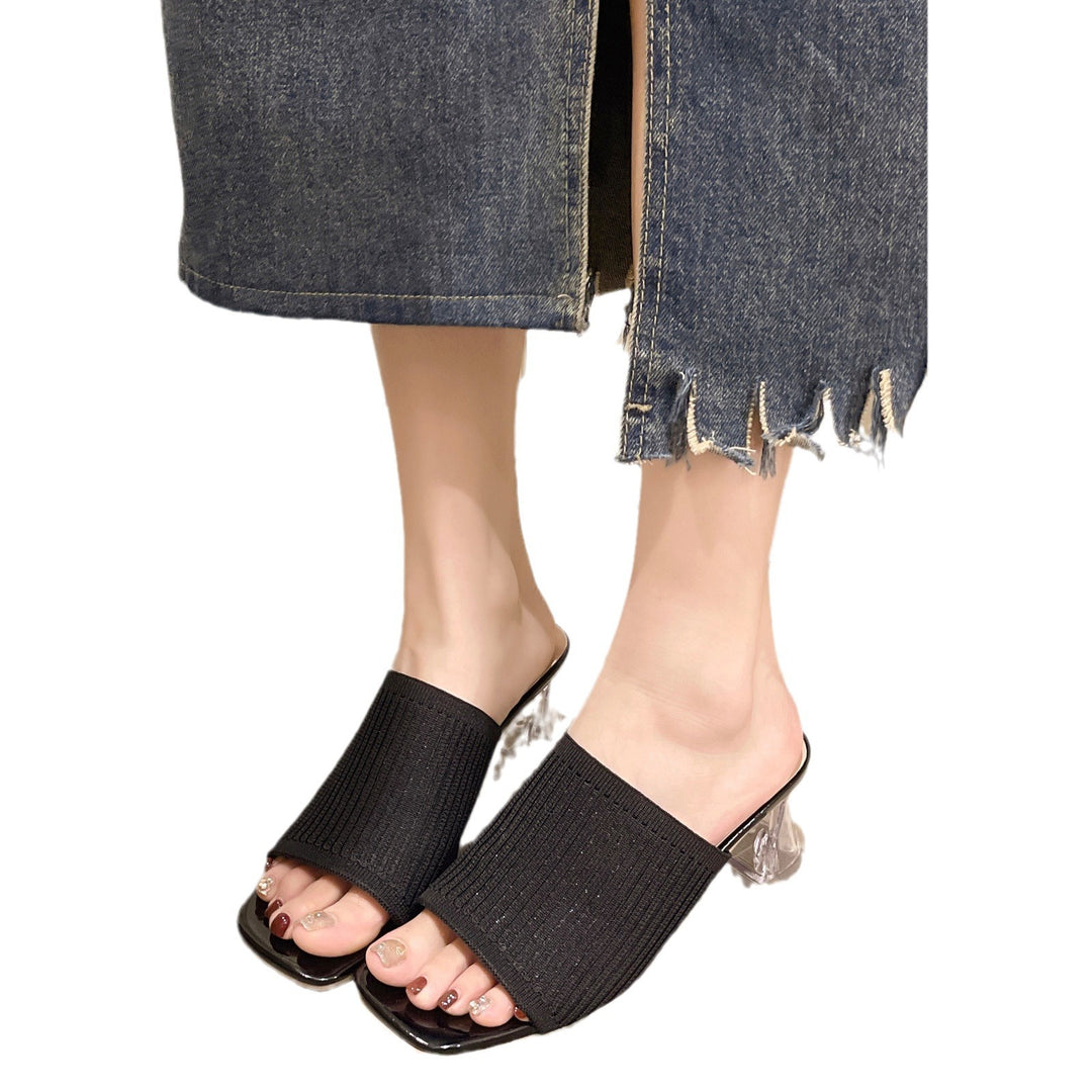 Damen Slide-Sandalen mit luftiger Rippstruktur und transparentem Blockabsatz EB