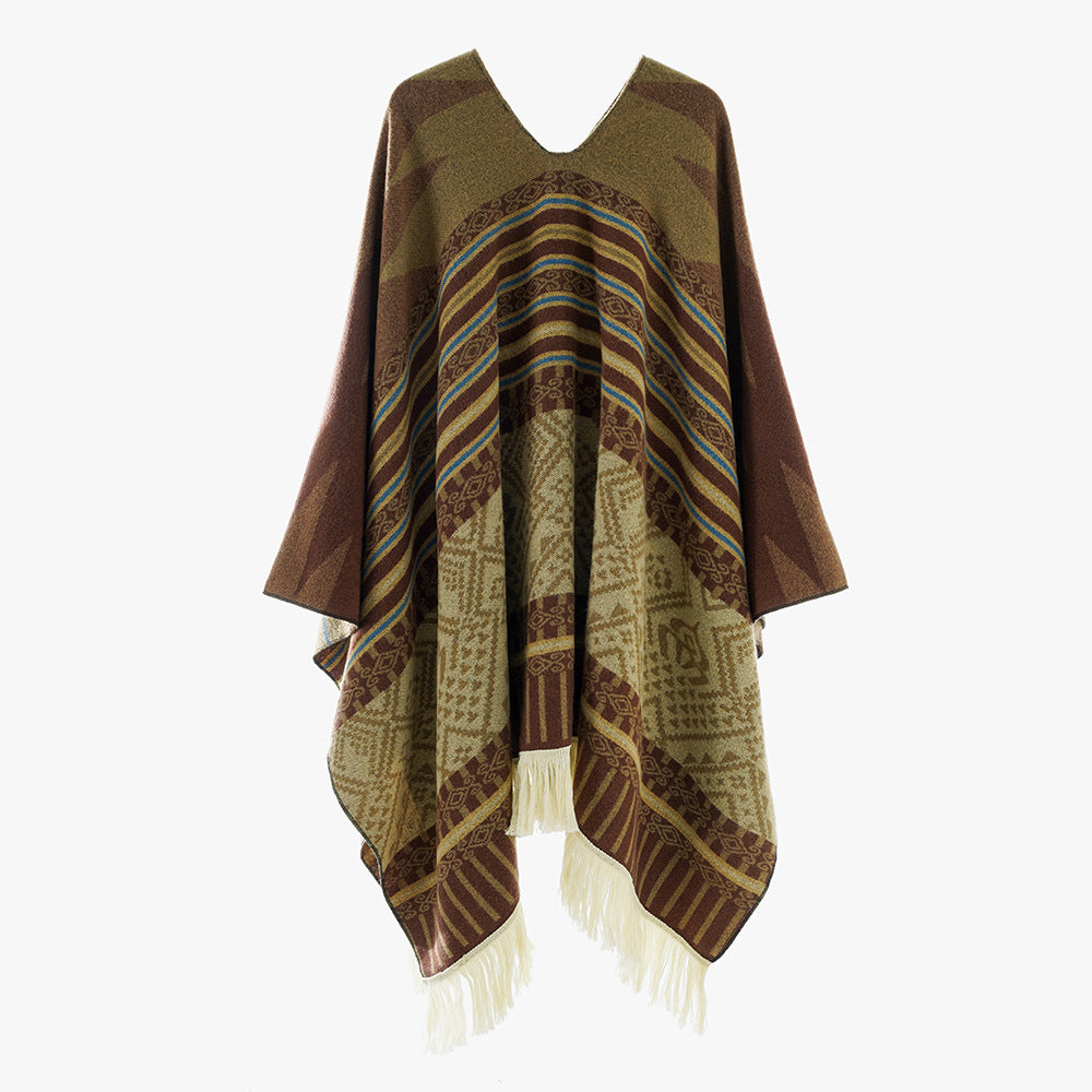 Damen Jacquard‑Ruana im Deckenstil mit V‑Ausschnitt, geometrischem Ethno‑Muster und Fransensaum EB