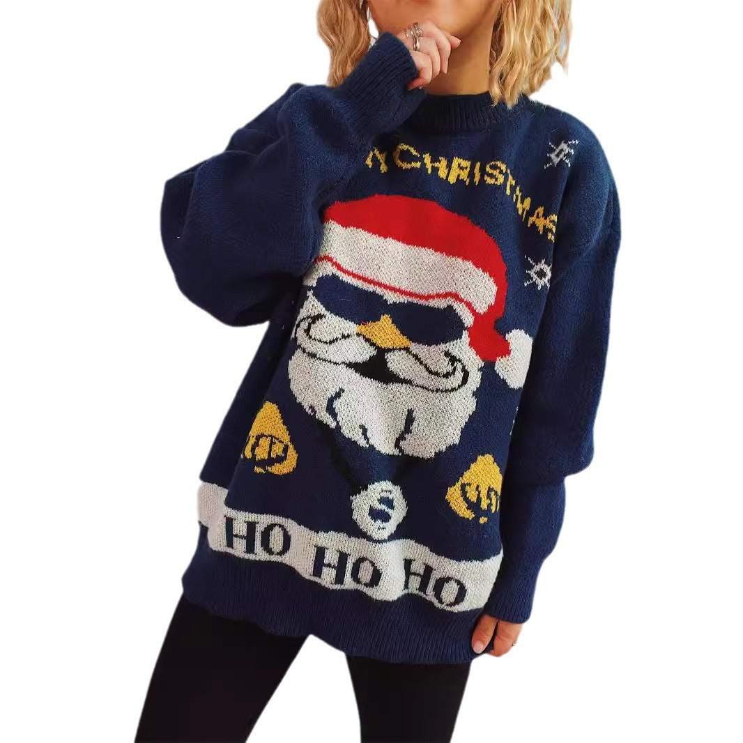 Damen weihnachtlicher Pullover mit festlichem Santa-Motiv und lockerer Passform EB