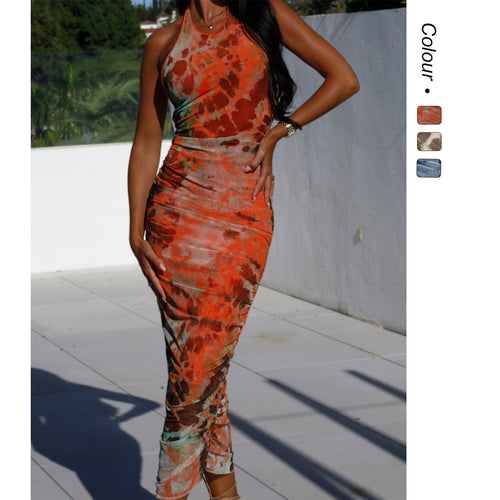 Damen figurbetontes Maxikleid mit elegantem Wickeldesign und modernem Tie-Dye-Muster EB