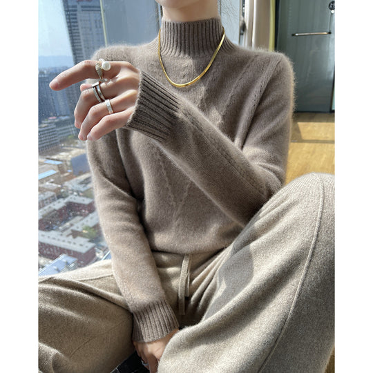 Damen weicher Strickpullover mit hohen Kragen und V-Design EB