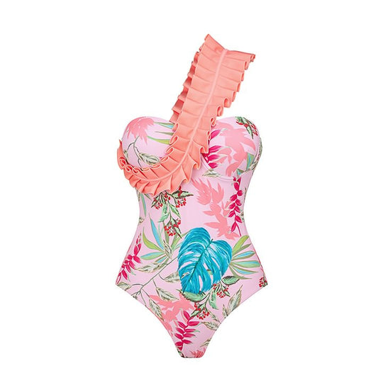 Damen Einteiler Badeanzug mit stilvollem Rüschendesign und floralem Muster EB