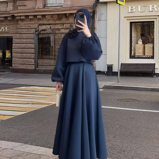 Damen Elegantes Maxi-Kleid mit Puffärmeln und dekorativem Blumen-Detail EB