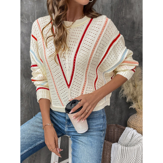 Damen Strickpullover mit großzügiger Lochmusterstruktur und farbigen Akzenten EB