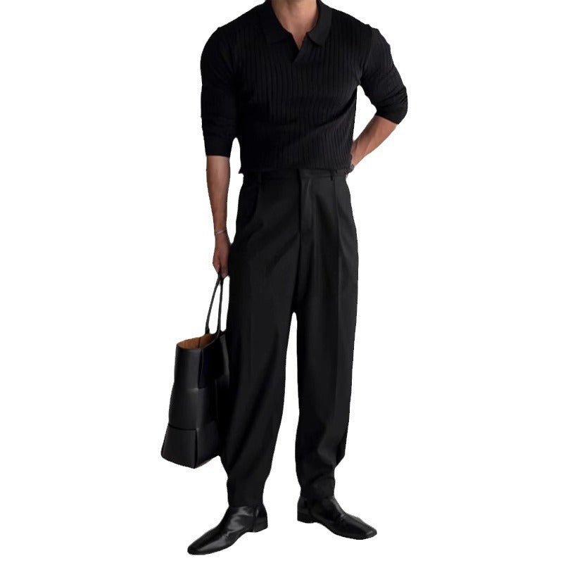 Herren nan figurbetontes Rippstrick-Polopullover mit offenem V-Ausschnitt und schmaler Passform EB