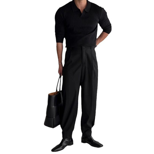 Herren nan figurbetontes Rippstrick-Polopullover mit offenem V-Ausschnitt und schmaler Passform EB