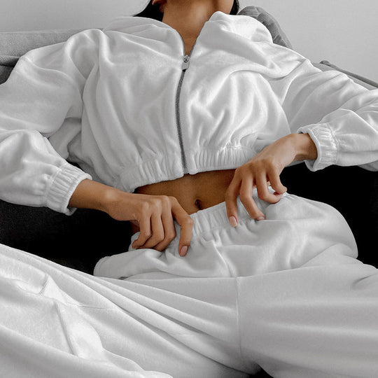 Damen lässiger Kapuzenpullover mit hohem Bund und weiten Hosen EB