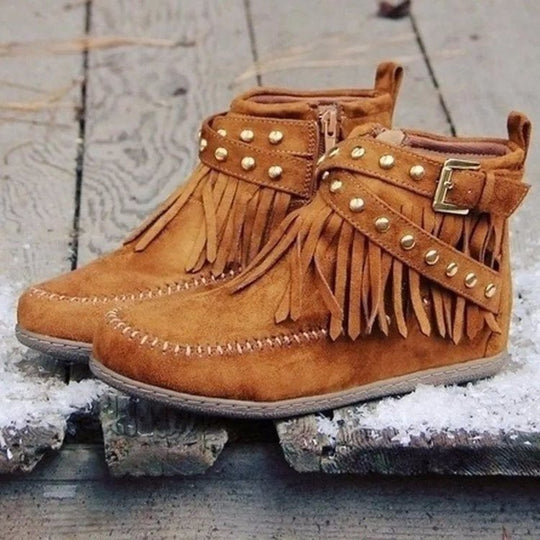 Damen Mokassin Stiefeletten mit modischen Fransen und dekorativen Nieten EB