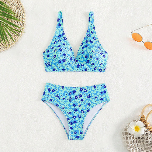 Damen Zweiteiliges Bikini-Set mit floralem Design und hoch geschnittenem Slip EB