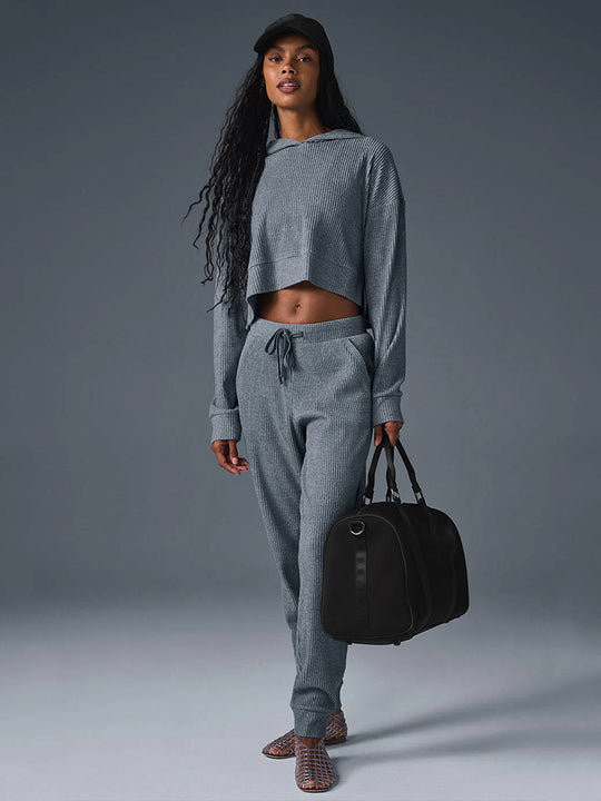 Damen entspanntes Crop-Sweatshirt und bequeme Jogginghose Set EB