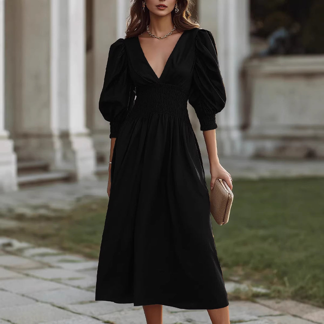 Damen Maxikleid mit schmaler Taille und Puffärmeln EB