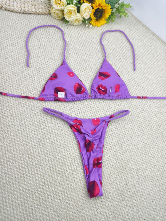 Damen Triangel-Bikini-Set mit fröhlichem Kirschmuster und verstellbaren Trägern EB