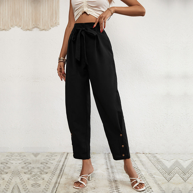 Damen elegante Haremshose mit Binde-Gürtel und Knopfdetails EB