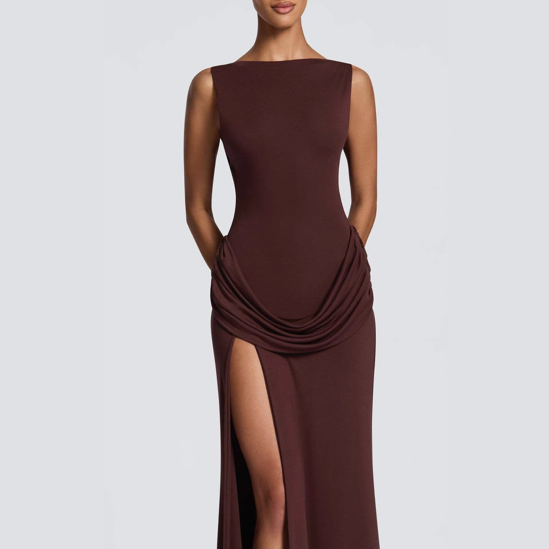 Damen Elegantes Maxikleid mit raffinierter Drapierung und hoch schlitzendem Design EB