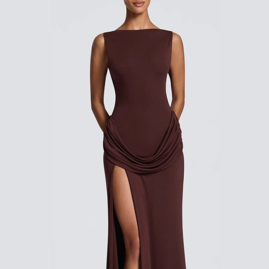 Damen Elegantes Maxikleid mit raffinierter Drapierung und hoch schlitzendem Design EB