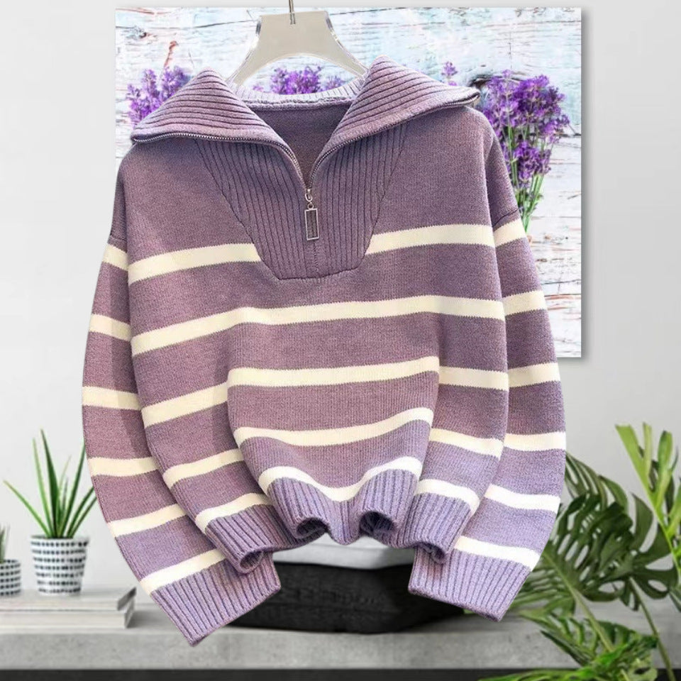 Damen gestreifter Pullover mit hohem Kragen und Reißverschluss EB