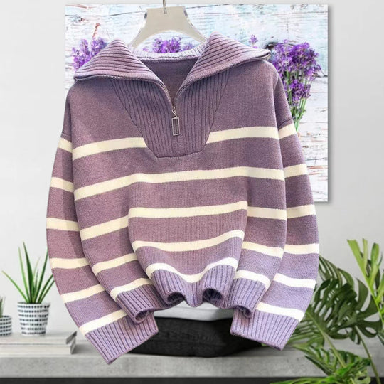 Damen gestreifter Pullover mit hohem Kragen und Reißverschluss EB