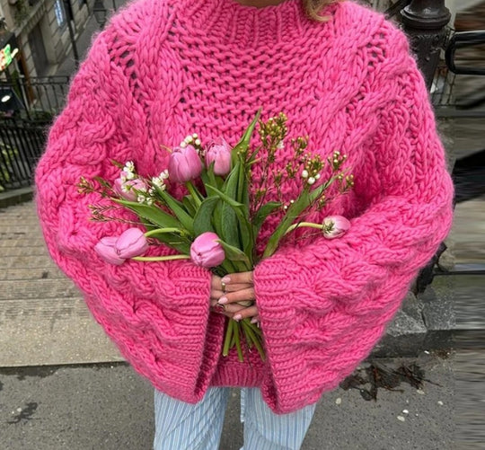 Damen oversize Strickpullover mit Zopfstrickmuster EB